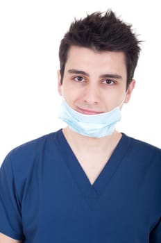 portrait of a young doctor wearing mask isolated on white background