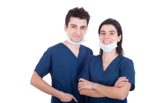 portrait of a team of doctors, man and woman wearing mask and uniform isolated on white background