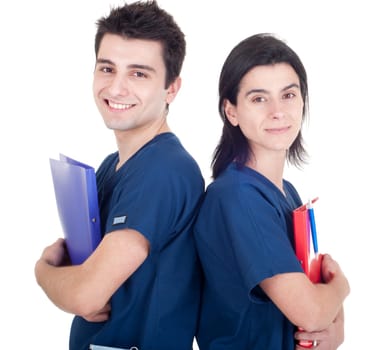 smiling team of doctors holding folders isolated on white background
