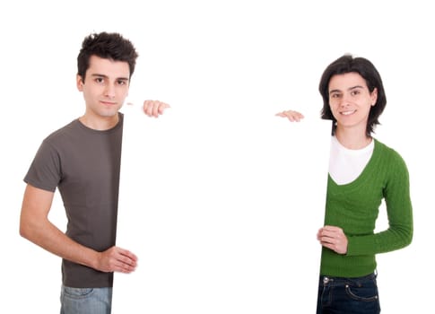 friendly casual man and woman displaying a banner ad isolated on white background