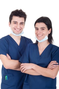 portrait of a team of doctors, man and woman wearing mask and uniform isolated on white background