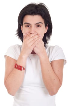 beautiful casual woman in speak no evil pose (isolated on white background)