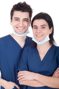 portrait of a team of doctors, man and woman wearing mask and uniform isolated on white background