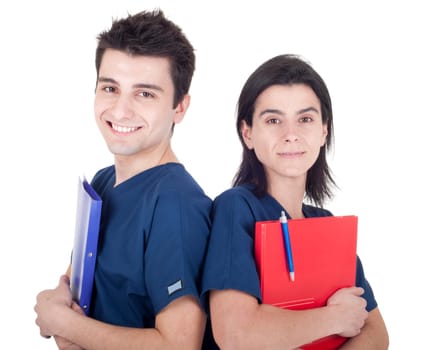 smiling team of doctors holding folders isolated on white background