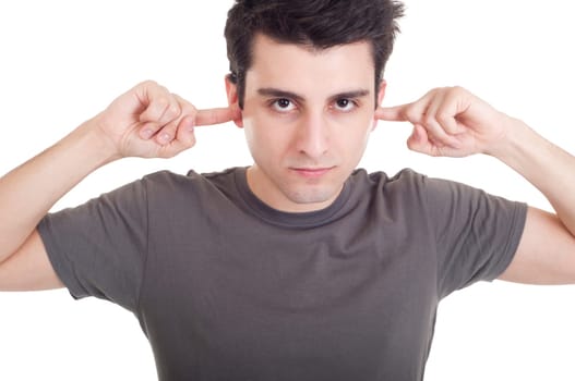 handsome young man portrait with fingers in ear not listening expression (isolated on white background)