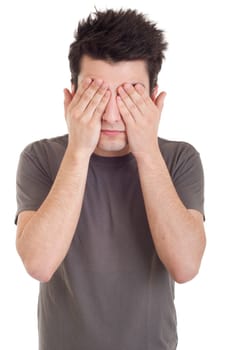 handsome casual man in see no evil pose (isolated on white background)