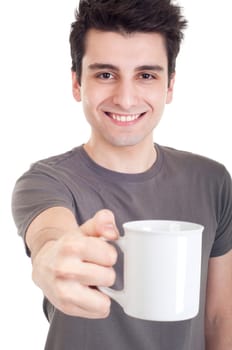 smiling casual man holding coffee/tea mug (isolated on white background)