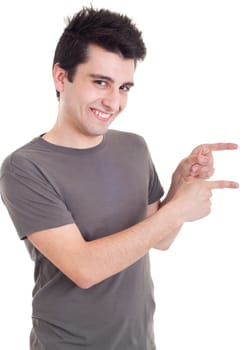 smiling casual man pointing right isolated on white background