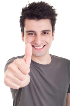 smiling young man with thumbs up (focus on hand) on an isolated white background