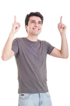 smiling casual man pointing up isolated on white background