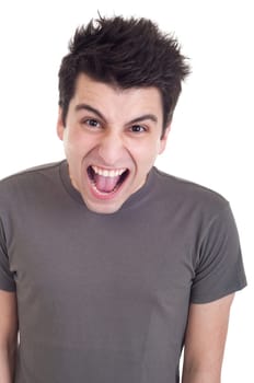 very angry casual man screaming and gesturing isolated on white background