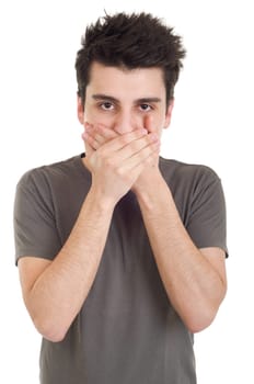 handsome casual man in speak no evil pose (isolated on white background)
