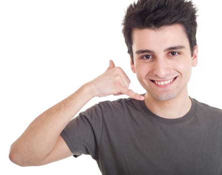 smiling casual man showing call me gesture isolated on white background