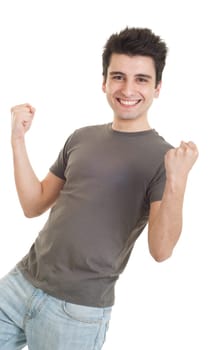 Yes expression, handsome casual man showing excitement  isolated on white background