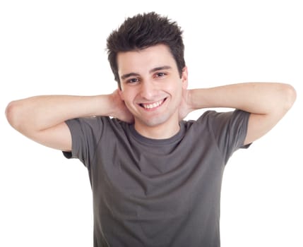 smiling casual man relaxing with hands behind back isolated on white