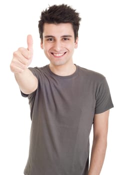 smiling young man with thumbs up (focus on hand) on an isolated white background