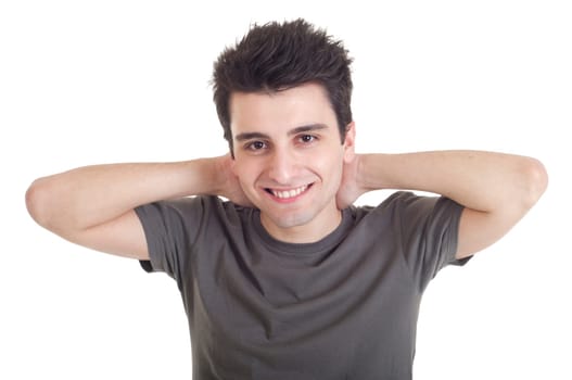 smiling casual man relaxing with hands behind back isolated on white