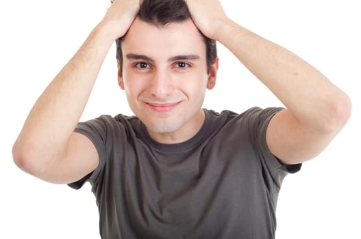 sad depressed young man crying, conceptual picture regarding emotional, financial or violence problems (isolated on white)