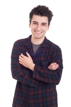 smiling young man portrait in pajamas isolated on white background