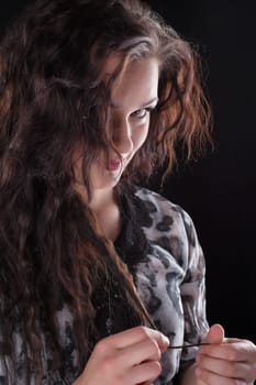 Curly brunette woman look at camera - wait for dating