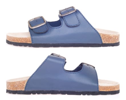 blue leather and cork slippers isolated on white background