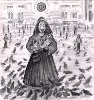 Pigeons surrounding a young lady in Italy outside. She is laughing with all the attention of the birds in this black, white, gray and slightly sepia illustration.