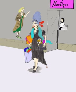 A fun and beautiful woman is seen with a smile exiting a boutique store after buying clothes on a shopping spree. She is seen  outside the new retail store, dressed in elegant clothes, holding various colorful shopping bags and her purse that has an old