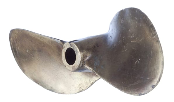 two-blade boat propeller, made of brass with white background