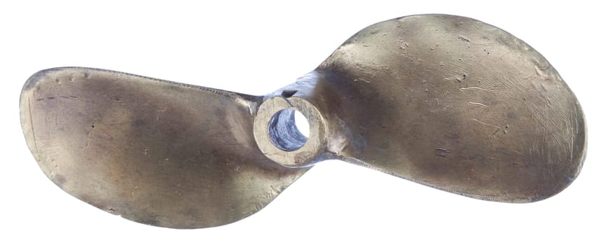 two-blade boat propeller, made of brass with white background