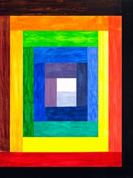 Various shades of color rectangle bars lead slowly towards the center in this painting.