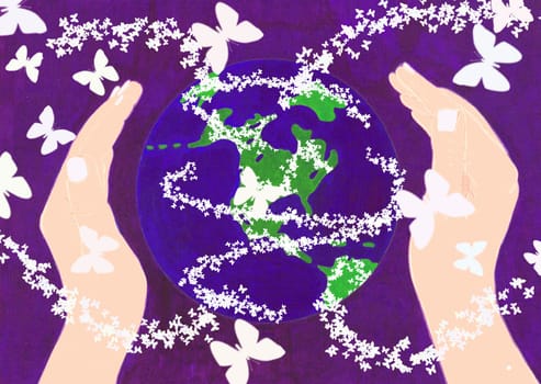 Two hands are shown, one on each side of the earth, almost holding the blue and green globe in purple indigo space. A concept of God or a human reaching out to embrace the earth from deep space. Butterfly s are circling the planet like clouds and flying o