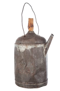 Antique rusty old oil can view on white background