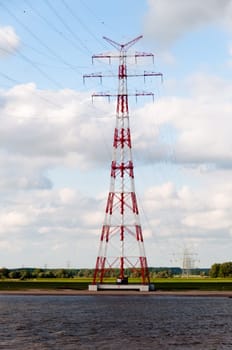 Huge Power Pole in Hamburg harbor area on blue sky background