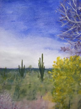 Natural, scenic, color landscape painting with lots of cacti, sagebrush, trees and other scenic plant life in a hot Arizona desert.