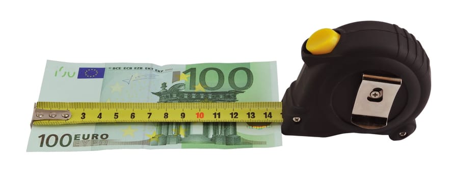 Yellow measuring tape and Euro money isolated on white. (success concept)