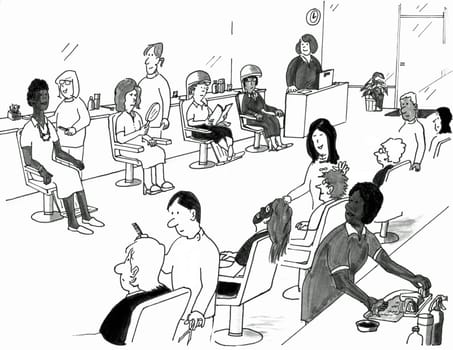 Many people getting hair and beauty treatments at a busy salon.