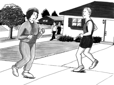 Sweaty woman jogs past handsome man in family neighborhood content with effort.