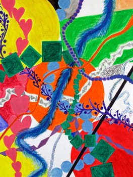 Wide variety of paths in different shapes and colors move across this abstract painting.