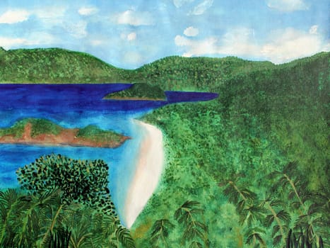 Watercolor art painting of a view of the beach from overlook on St. John in the US Virgin Islands. The tropical scene is very warm, with lots of lush tropical foliage and trees close in and further away. Other islands palm trees, brush, hills, mountains a