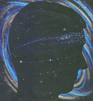 A black silhouette of a persons face is shown in the universe space. Behind and in front of the person are universe, galaxy, and stars of various colors of red, blue, purple, white, tan, green.