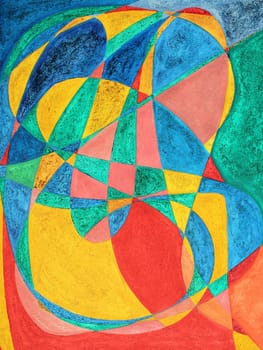 Abstract background art painting of the letters in the word massage. The letters in massage are drawn over one another and the spaces painted in with corresponding colors on one 18 inch by 24 inch original watercolor and rough glitter painting. The main c