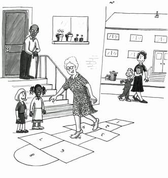 Retired senior city woman playing hopscotch game, skipping on a street with kids. Laughing and having a happy time in leisure.