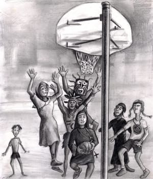 Diversity and faith based people in various fashion playing an outdoor basketball game. Two tribal men in masks, a Catholic nun, missionary, hippie, Rabbi, little boy.
