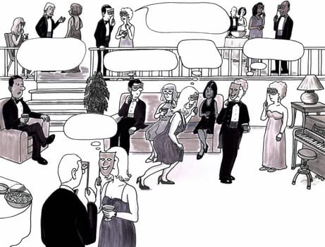 Room full of sophisticated adults in an elegant room at a party socializing. Thought bubble spaces are above some of their heads.