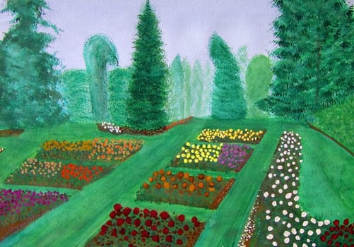 Many flowers are shown in this watercolor painting view of the Portland, Oregon rose gardens.