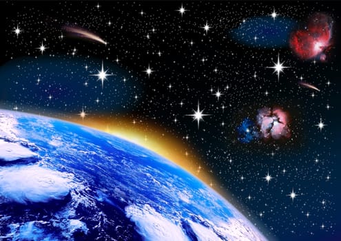 sunset sky and with stars of all sizes for air space with the planet earth