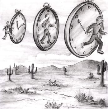 Three men in various relationships to time clocks in the sky of a desert. First steps into past time. The middle is in the present. Man on right stepping out of time or into the future.