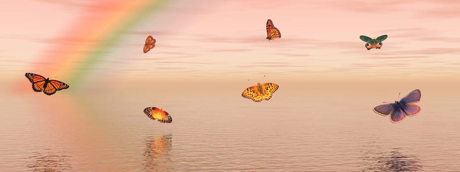 Many colored butterflies dansing upon the quiet ocean water with a rainbow behind and a pink sky
