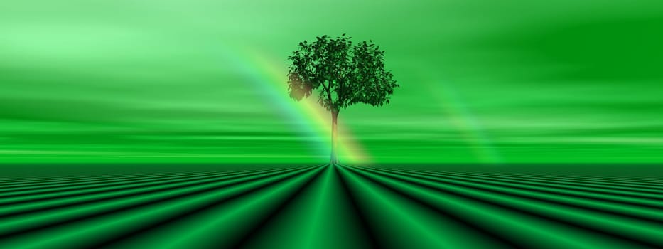 Black and green rays going to a solitary tree crossed by a small rainbow