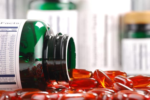 Composition with dietary supplement capsules and containers